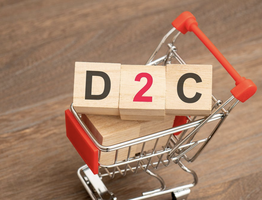 Wooden blocks spelling D2C in a miniature shopping cart